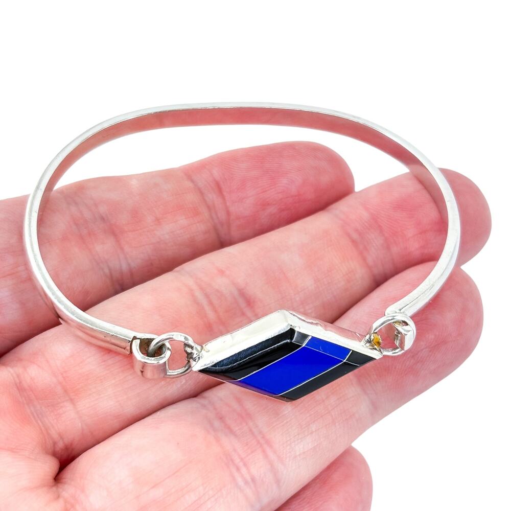 Vintage Taxco Sterling Silver 925 Onyx Lapis Lazuli Inlay Bracelet 7”